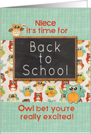 Niece Back to School Colorful Owls and Chalkboard card