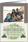 Merry Christmas Custom Name and Photo Our Family to Yours Pine Cones card
