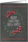 Merry Christmas to Son & Family Berry Wreath Chalkboard Style card