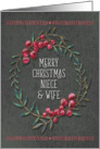 Merry Christmas to Niece and Wife Berry Wreath Chalkboard Style card