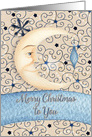 Merry Christmas Crescent Moon on Stars with Ornament & Snowflake card