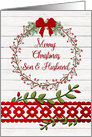 Merry Christmas to Son & Husband Rustic Pretty Berry Wreath, Vines card