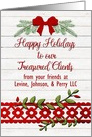 Happy Holidays to Treasured Clients Custom Name Business Rustic card
