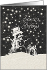 Season’s Greetings Whimsical Snowman and Present Chalkboard Effect card