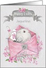 Happy Easter Custom Name Cute Bird in a Pink Envelope with Flowers card