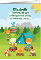 Thinking of You at Summer Camp Custom Name Campers and Animals Camping card