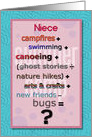 Thinking of You Niece Summer Camp Humorous Math Problem card