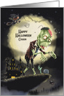 Happy Halloween to Cousin Creepy Scene with Monster on a Cliff card