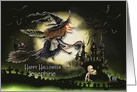 Happy Halloween Custom Name Witch Flying by the Moon Creepy Scene card