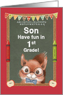 Back to School for Son Entering 1st Grade Cute Squirrel and Chalkboard card
