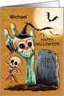 Happy Halloween Custom Name Skeletons and Bats Graveyard Scene card