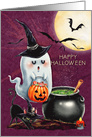 Happy Halloween Cute Ghost and Black Cat with the Moon card