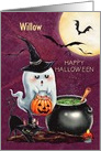 Happy Halloween Custom Name Cute Ghost and Black Cat with the Moon card