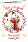 Merry Christmas to Goddaughter Cute Bear in Snowman Suit card