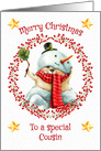 Merry Christmas to Cousin Cute Bear in Snowman Suit card