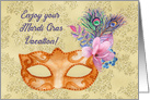 Enjoy Your Mardi Gras Vacation Mask with Feathers and Flowers card