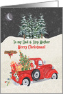 Dad and Step Mother Merry Christmas Red Truck Nighttime Snow Scene card
