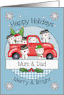 Mum and Dad Happy Holidays Snowmen and Red Truck card