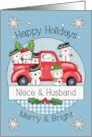 Niece and Husband Happy Holidays Snowmen and Red Truck card