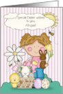 Custom Name Easter Greetings Cute Girl with Bunnies and Chick card