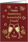 1st Anniversary for Friends with Toasting Glasses and Hearts card