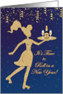 New Year Waitress Rolling in New Year with Champagne card
