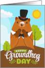 Groundhog Day Greetings with Hat Wearing Groundhog and Word Art card