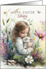 Custom Name Happy Easter Little Girl with Bunny card