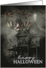 Halloween Greetings with Spooky House and Creepy Bat card