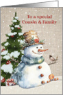 To Cousin and Family Holly Jolly Christmas with Snowman and Tree card