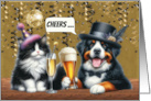 New Year Dog and Cat Toasting with Confetti and Disco Ball card