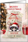 Sister Cute Cat and Christmas Santa Sack card