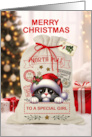 To Young Girl Cute Cat and Christmas Santa Sack card
