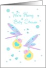 Baby Shower Invitation with Dragonflies Carrying Twin Baby Bundles card