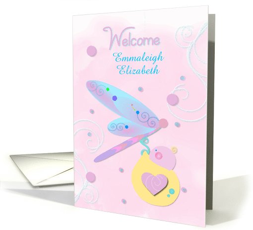 Welcome Baby Custom Name Dragonfly with Baby Bundle Humorous card