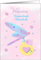 Welcome Baby Custom Name Dragonfly with Baby Bundle Humorous card