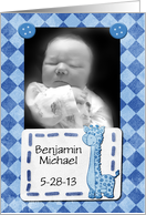 Baby Boy Announcement Photo Card and Customize Name Blue Giraffe card