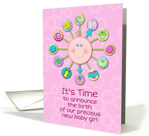 New Baby Girl Birth Announcement Pink Cute Baby Clock It's Time card