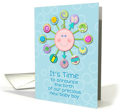 New Baby Boy Birth Announcement Blue Cute Baby Clock It's Time card