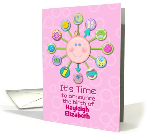 New Baby Girl Custom Name Birth Announcement Pink Baby Clock card