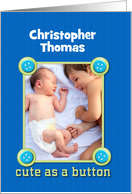 Baby Birth Announcement Custom Name Boy Blue Buttons Photo Card