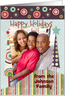 Happy Holidays Colorful Trees and Circles Custom Name and Photo card
