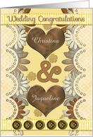 Lesbian Wedding Congratulations Custom Names Hearts and Flowers card