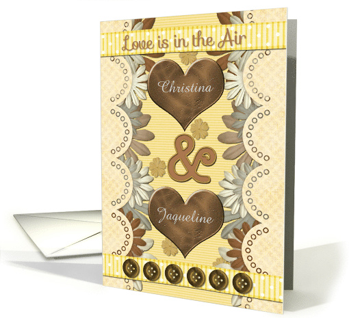 Lesbian Engagement Announcement Custom Names Hearts and Flowers card
