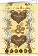 Lesbian Engagement Announcement Custom Names Hearts and Flowers card