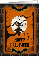 Happy Halloween Spooky Tree with Owl and Bats card