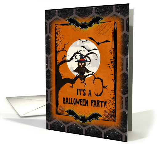 Halloween Party Invitation Spooky Tree with Owl and Bats card