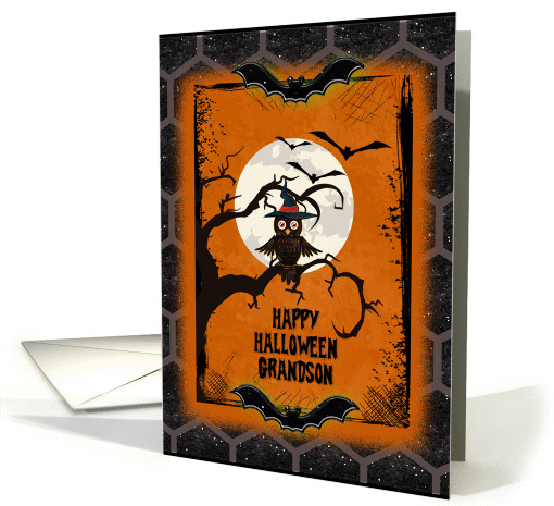 Happy Halloween Grandson Spooky Tree with Owl and Bats card (1163152)