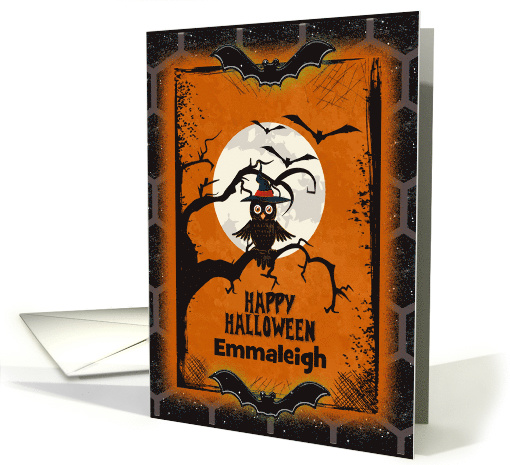 Happy Halloween Custom Name Spooky Tree with Owl and Bats card