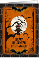 Happy Halloween Custom Name Spooky Tree with Owl and Bats card